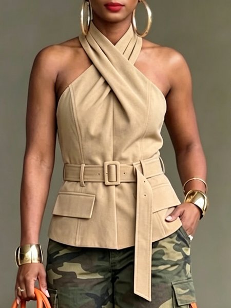 Stylewe – Urban Plain Cross Halter Neck Blouse