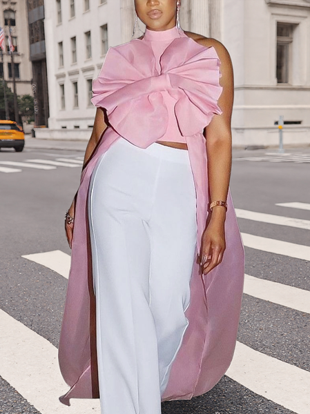 Elegant Plain Bow Halter Neck Blouse