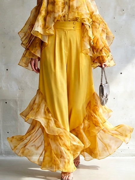 

Elegant Ombre Printing Flowy Pants Pant, Yellow, Pants