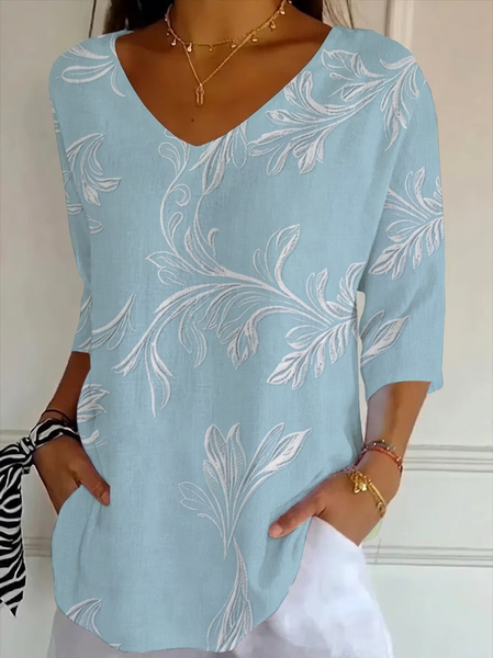 

Women Floral Three Quarter Sleeve Tee T-shirt V Neck Printing Casual Graphic Tee Spring/Fall Top, Blue, T-Shirts