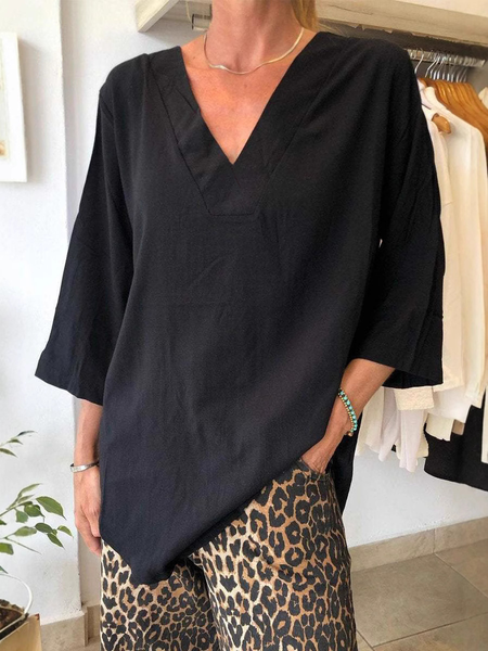 Casual Plain V Neck Three Quarter Sleeve T-shirt