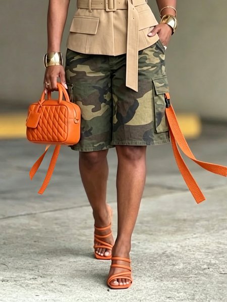 

Casual Camo Pockets Color Block Cargo Pants, Green, Denim Shorts