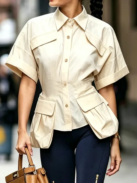Urban Plain Pockets Shirt Collar Shirt