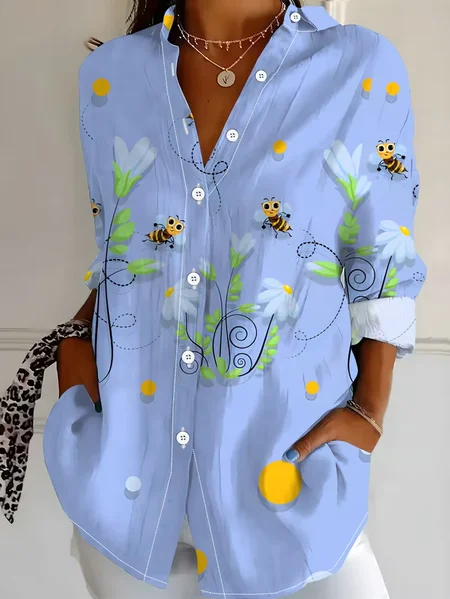 

Shirt Collar Regular Sleeve Long Sleeve Floral Buckle Regular Loose Button Up Shirt Shirt For Women, Blue, Shirts