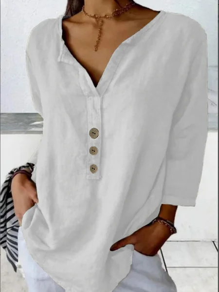 V Neck Long Sleeve Plain Regular Loose Shirt For Women