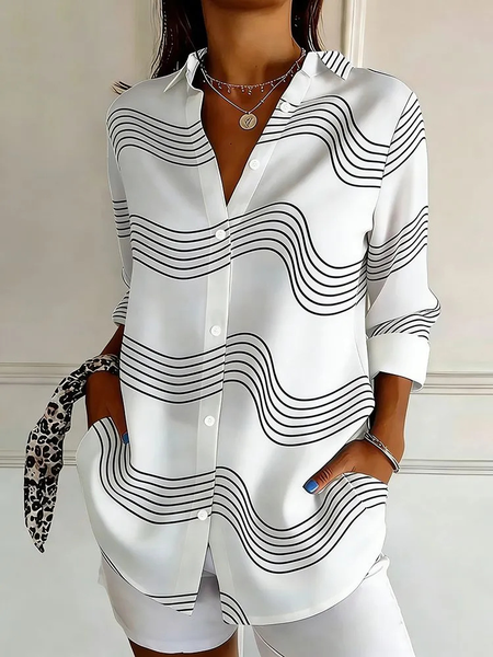 Shawl Collar Long Sleeve Floral Regular Loose Shirt For Women