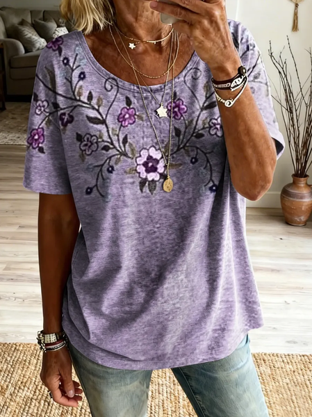 

Women Floral Short Sleeve Tee T-shirt Crew Neck Printing Casual Graphic Tee Summer Top, Purple, T-Shirts