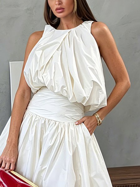 

Cotton Elegant Plain Ruched Crew Neck Blouse, White, Blouses and Shirts