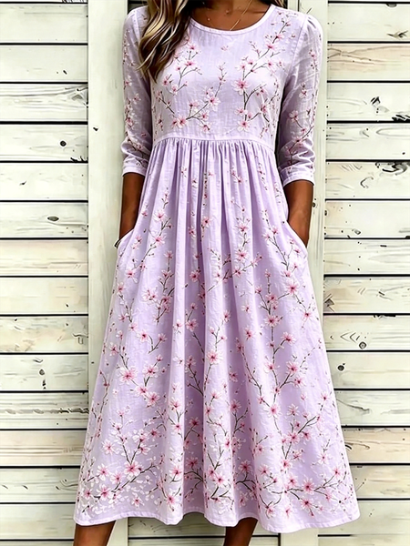 

Women Floral Summer Dress Crew Neck Half Sleeve A-Line Dress, Purple, Dresses
