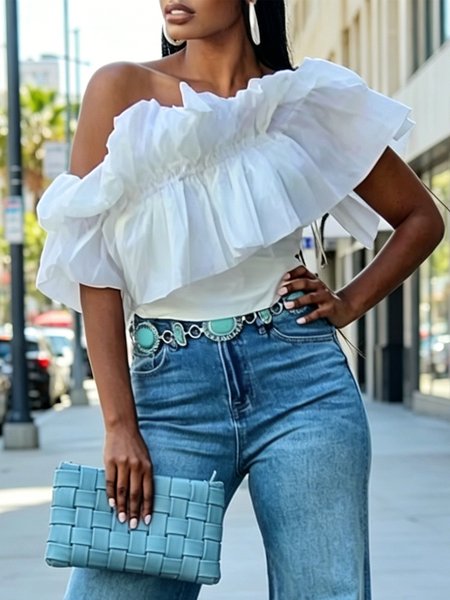 

Elegant Plain Off The Shoulder Blouse, White, Blouses and Shirts