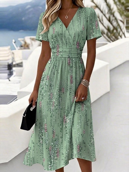 

Women Gradient Pattern Summer Dress V Neck Short Sleeve Beach Dress A-Line Dress, Green, Dresses