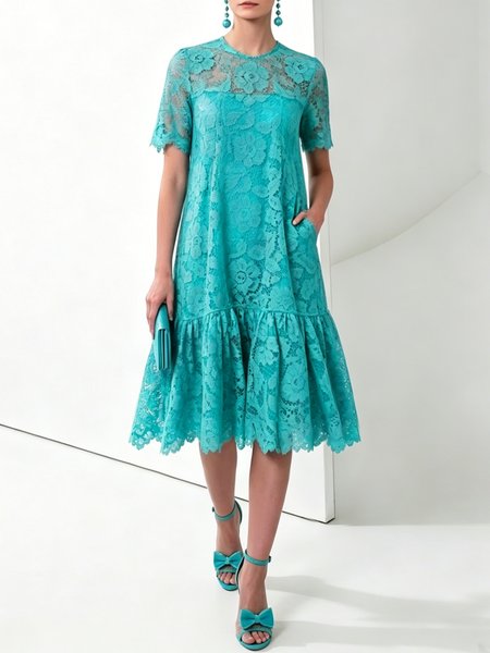 Urban Plain Lace Crew Neck Midi Dress