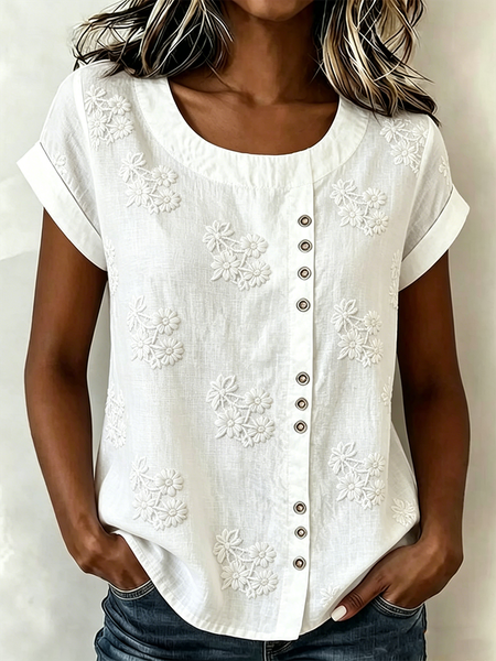 

Crew Neck Short Sleeve Floral Regular Loose Shirt For Women, White, Shirts