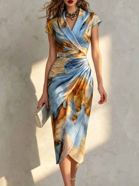 Elegant Abstract Printing Shawl Collar Midi Dress