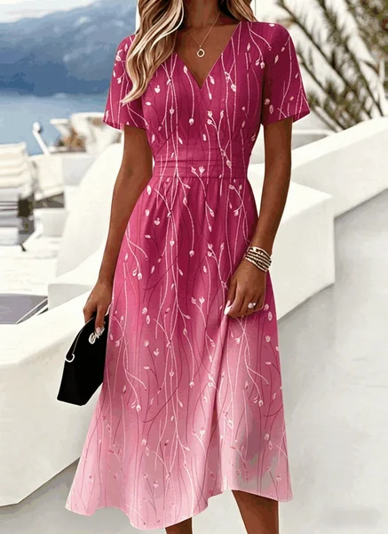 

Women Floral Summer Dress V Neck Short Sleeve Beach Dress A-Line Dress, Deep pink, Dresses