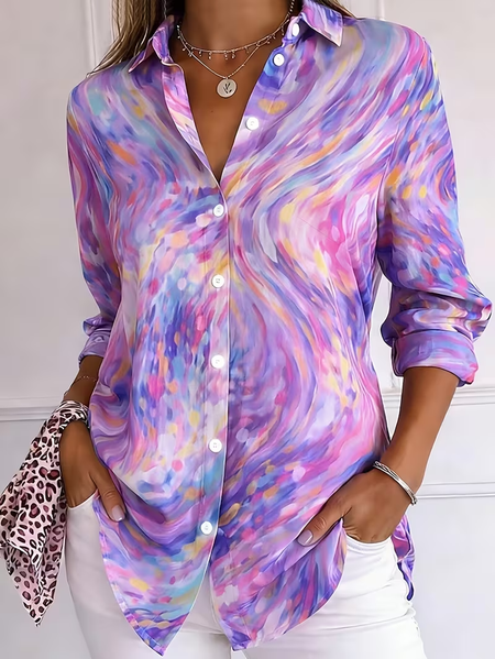 

Shirt Collar Regular Sleeve Long Sleeve Abstract Buckle Regular Loose Button Up Shirt Shirt For Women, Purple, Shirts
