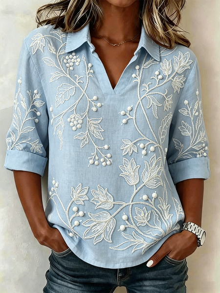 Shawl Collar Half Sleeve Floral Lightweight Loose Shirt For Women, Blue, Blouses