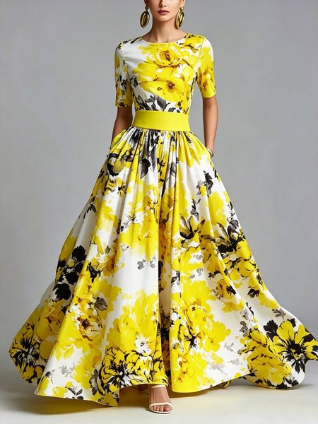 Elegant Floral Printing Crew Neck Maxi Dress