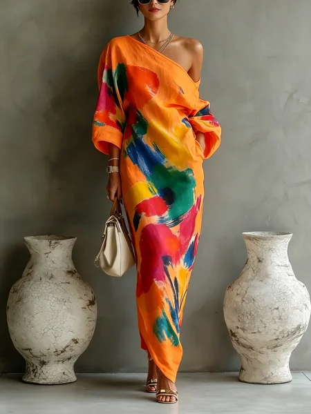 Casual Abstract Print H-Line Asymmetrical Maxi Dress With Belt