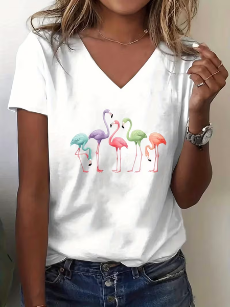

Vintage Flamingo V Neck Short Sleeve T-shirt, White, T-shirts