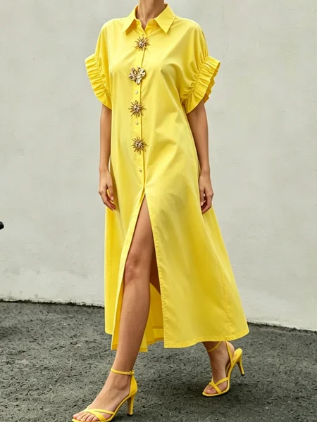 Urban Plain Button Detail Shirt Collar Maxi Dress
