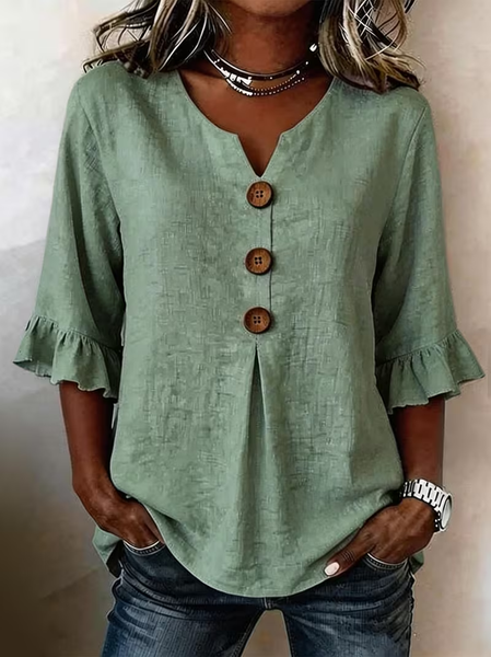 

V Neck Half Sleeve Plain Peplum Regular Micro-Elasticity Regular Fit Blouse For Women, Lightgreen, Blouses