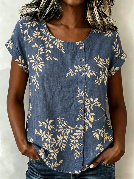 

Crew Neck Short Sleeve Botanical Pattern Regular Loose Shirt For Women, Denim blue, Shirts