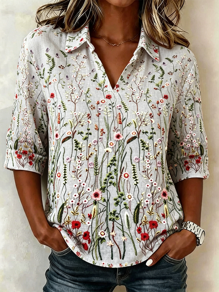 Shawl Collar Half Sleeve Floral Lightweight Loose Shirt For Women, Light gray, Blouses