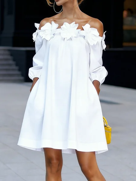 

Plus Size Cold Shoulder Plain Elegant Loose Dress With Belt, White, Plus Dresses
