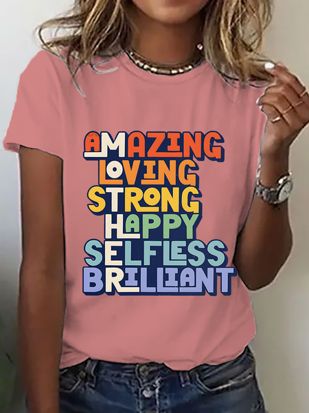 

Casual Text Letters Crew Neck Short Sleeve T-shirt, Orange pink, T-shirts
