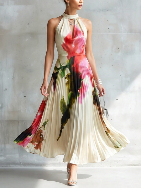 

Elegant Floral Printing Halter Neck Maxi Dress, White, Maxi Dresses