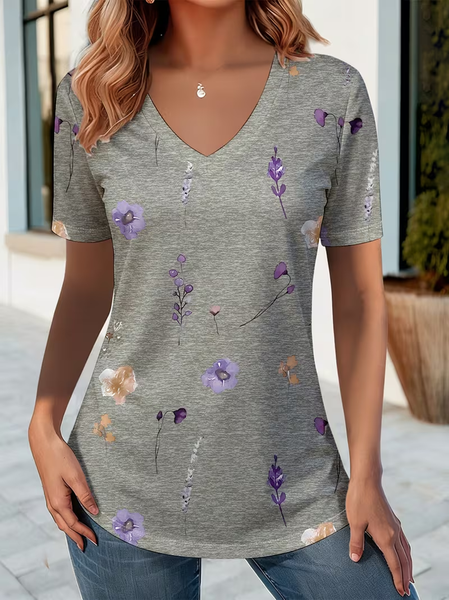 

Vintage Floral V Neck Short Sleeve T-shirt, Gray, T-shirts