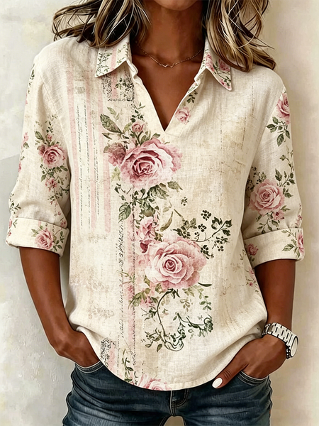 Shawl Collar Half Sleeve Floral Lightweight Loose Shirt For Women, Pink, Blouses