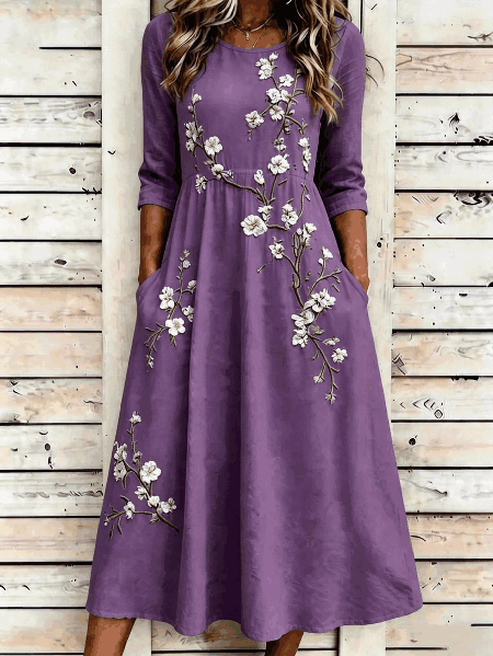 Women Floral Summer Dress Crew Neck Half Sleeve A-Line Dress