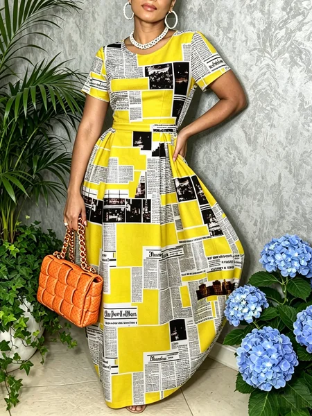Casual Letter Pattern Printing Crew Neck Maxi Dress