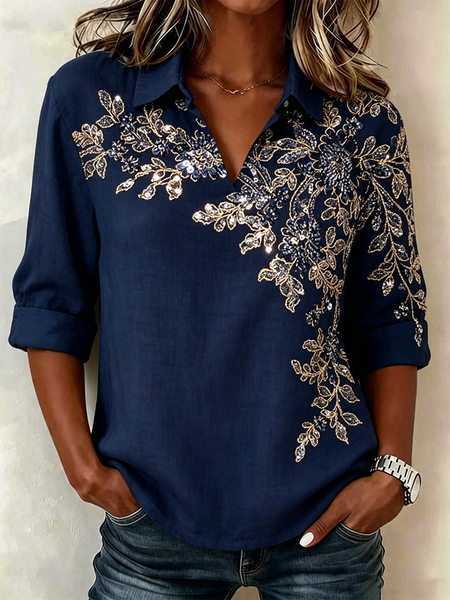 

Shawl Collar Half Sleeve Floral Lightweight Loose Shirt For Women, Navyblue, Blouses
