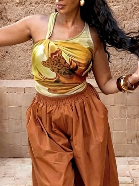 

Satin Vacation Animal Print Halter Neck Tank Top, As picture, Tanks and Camis