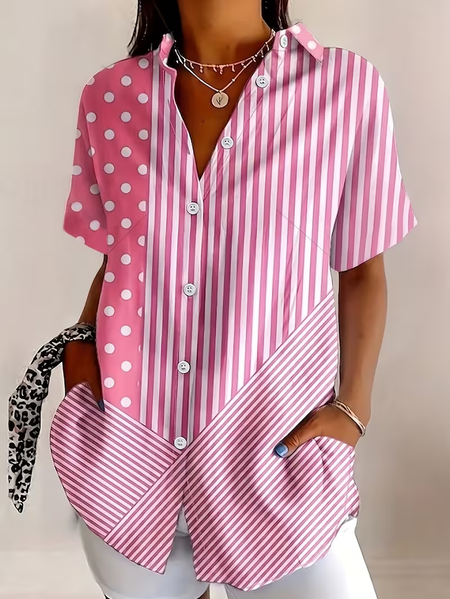 

Shirt Collar Short Sleeve Striped Printing Regular Micro-Elasticity Loose Button Up Shirt Shirt For Women, Pink, Shirts