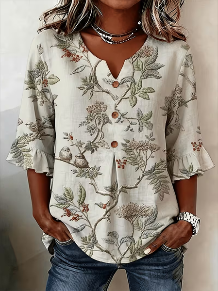 

V Neck Half Sleeve Floral Printing Regular Micro-Elasticity Regular Fit Blouse For Women, As picture, Shirts