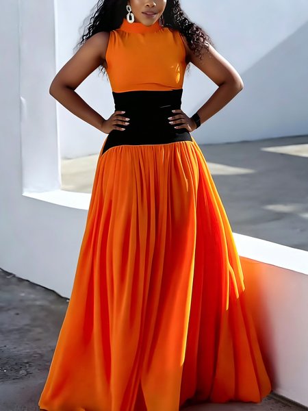 Elegant Color Block Split Joint Stand Collar Maxi Dress