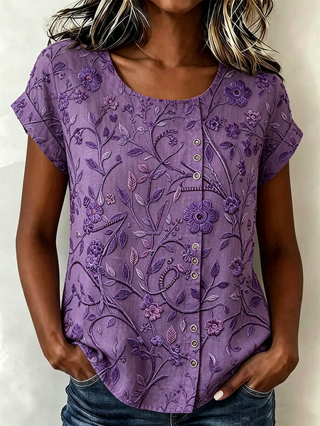

Crew Neck Short Sleeve Floral Regular Loose Shirt For Women, Purple, Shirts