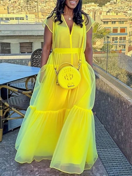Vacation Plain Ruched V Neck Maxi Dress
