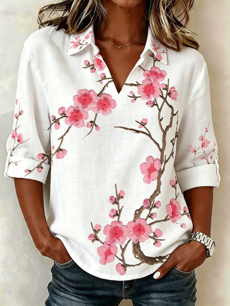 

Shawl Collar Half Sleeve Floral Lightweight Loose Shirt For Women, White, Blouses