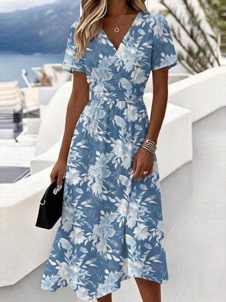 

Women Floral Summer Dress V Neck Short Sleeve Beach Dress A-Line Dress, Blue, Dresses