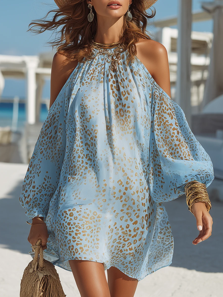 Casual Color Block Off Shoulder Sleeve Printing Cold Shoulder Mini Dress, Blue, Mini Dresses
