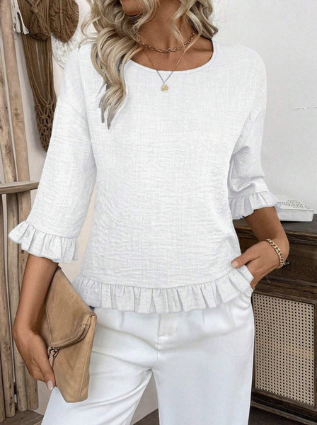 Casual Plain Crew Neck Three Quarter Sleeve T-shirt