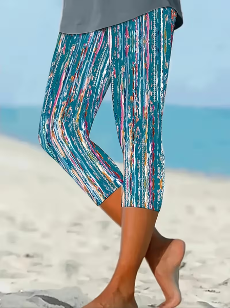 Women Abstract Capris Elastic Waist Pants Casual Summer Trousers