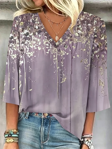 Elegant Gradient Pattern V Neck Short Sleeve T-shirt