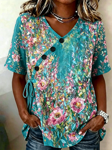 Crew Neck Half Sleeve Floral Lightweight Loose Shirt For Women, As picture, Shirts