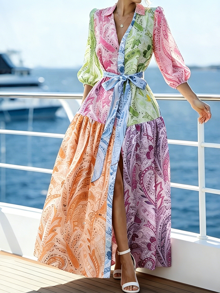 Vacation Ethnic Shirt Collar Maxi Dress With Belt